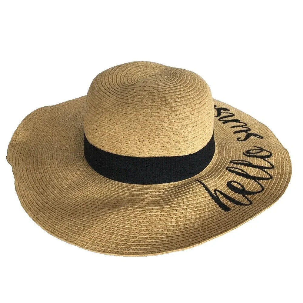 NEW Sun Hat CC Creations Beach Straw Embroidered 